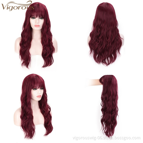 Vigorous Wine Red Long Wigs with Bangs Water Wave Synthetic Wig High Temperature Purple Brown Black Pink Cosplay Wig